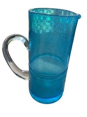 Sonoma‎ Kitchen Hand Blown Blue Bubble Glass Pitcher Band 10”